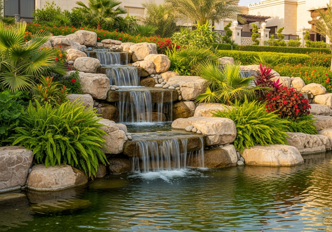 شلالات حدائق منزلية فاخرة بجدة مع نباتات استوائية